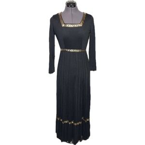 Vtg 70s Julie Miller‎ Maxi Dress Black w/ Brocade Trim Boho 32-24-40 XS DAMAGD